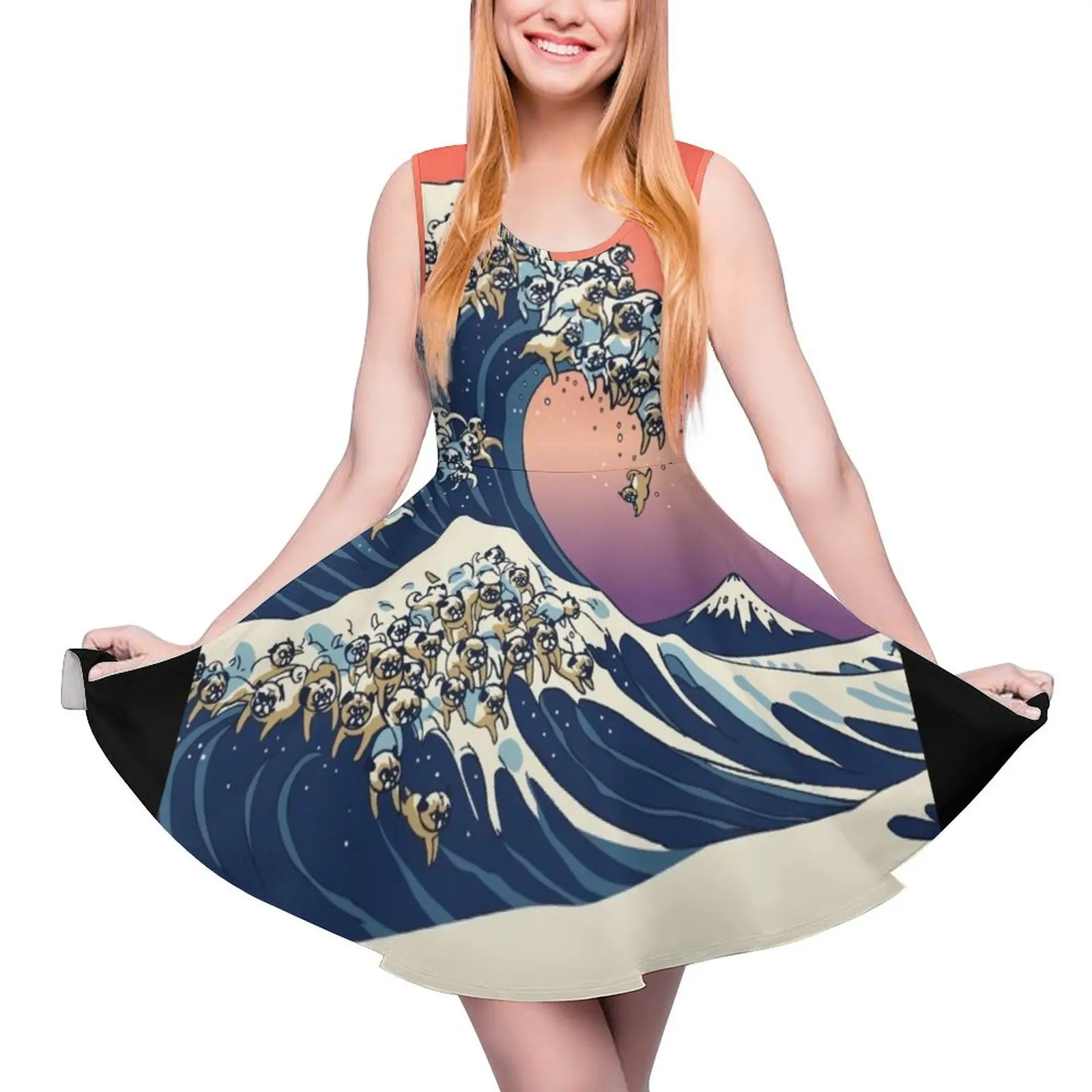 The Great Wave of Pug Sleeveless Dress Women