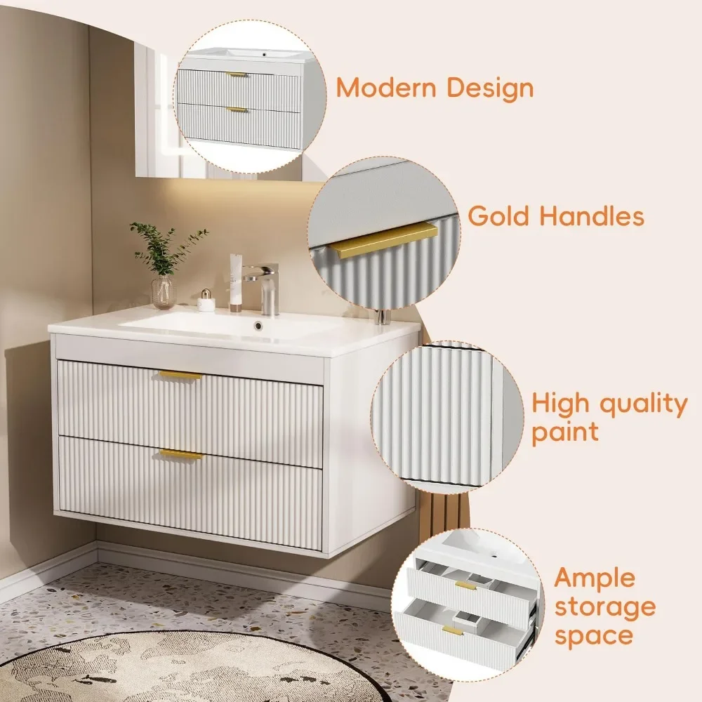 Meja Rias Kamar Mandi Mengambang 30 ''dengan Wastafel, Meja Rias Mengambang Kamar Mandi Terpasang Di Dinding dengan Wastafel Keramik, 2 Laci, Pintu Tutup Lembut