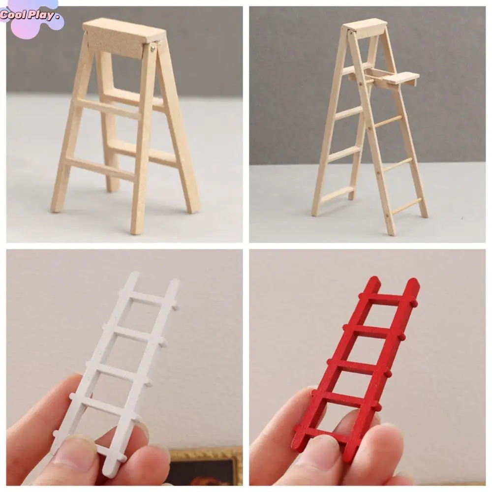 

Miniature Model Wooden Ladder Dollhouse Dollhouse DIY Red White Dollhouse Mini Ladder Creative Cute