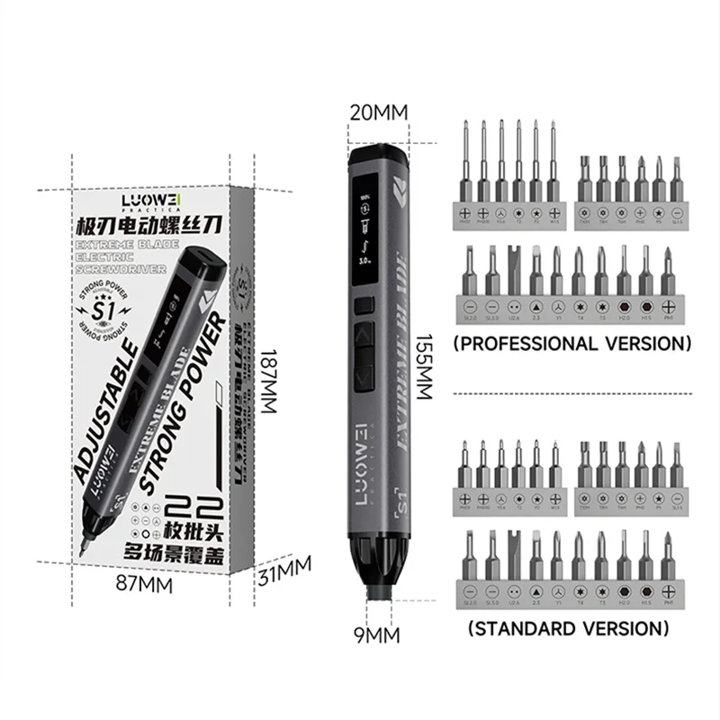 LUOWEI S1 S1Pro JIREN Electric Screwdriver for Mobile Phone Maintenance with Display and LED Lights Type-C Port Bolt Driver Set