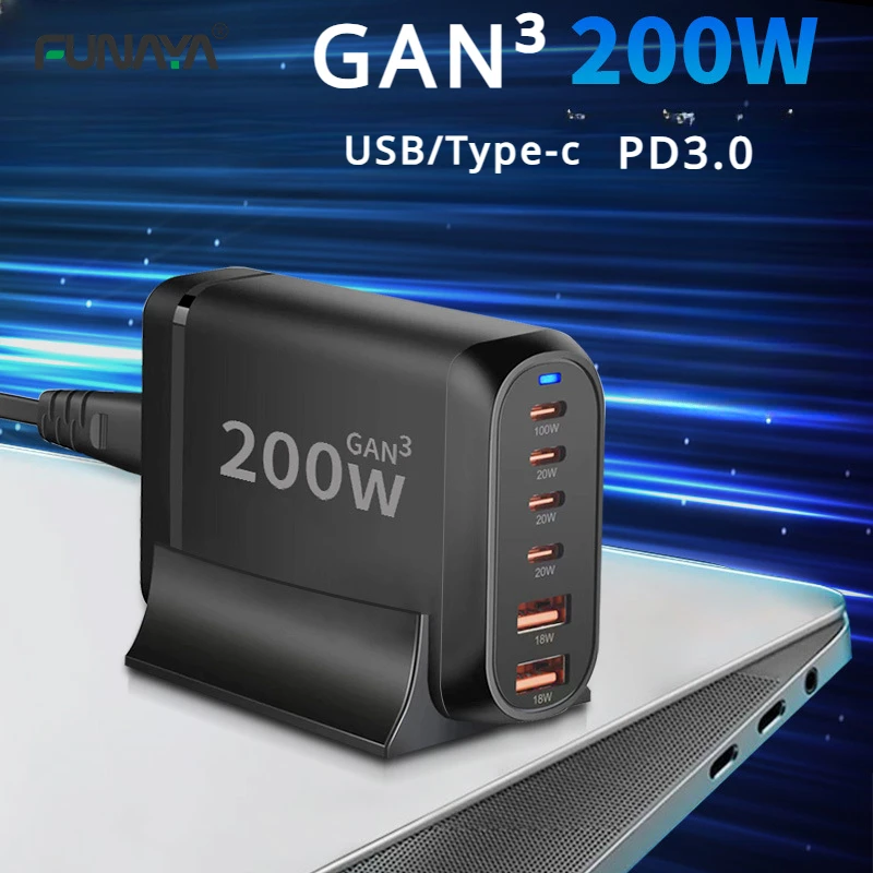 

200W Gan Charger 6 Ports US UK AU EU 5 12 15 20V for Apple Android Type-c QC PD3.0 Fast Charging Multi-port Gan³ Charger Socket