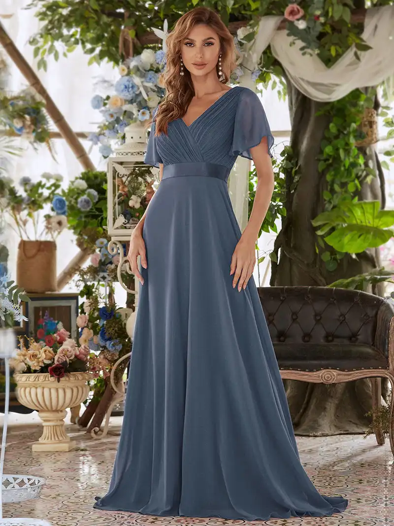 Allingentle-Elegante vestido de chiffon linha A feminino, manga curta, decote em v, até o chão, simples vestidos de dama de honra, personalizado, 2023