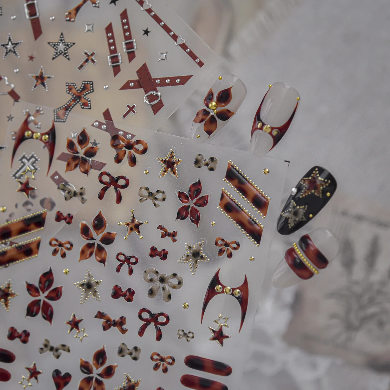 Tortoiseshell Amber Bow Gothic 5D Nail Stickers Flower Star Bat Devil Horn Long Stripe Gold Dot Rivet Self‑Adhesive Nail Decals