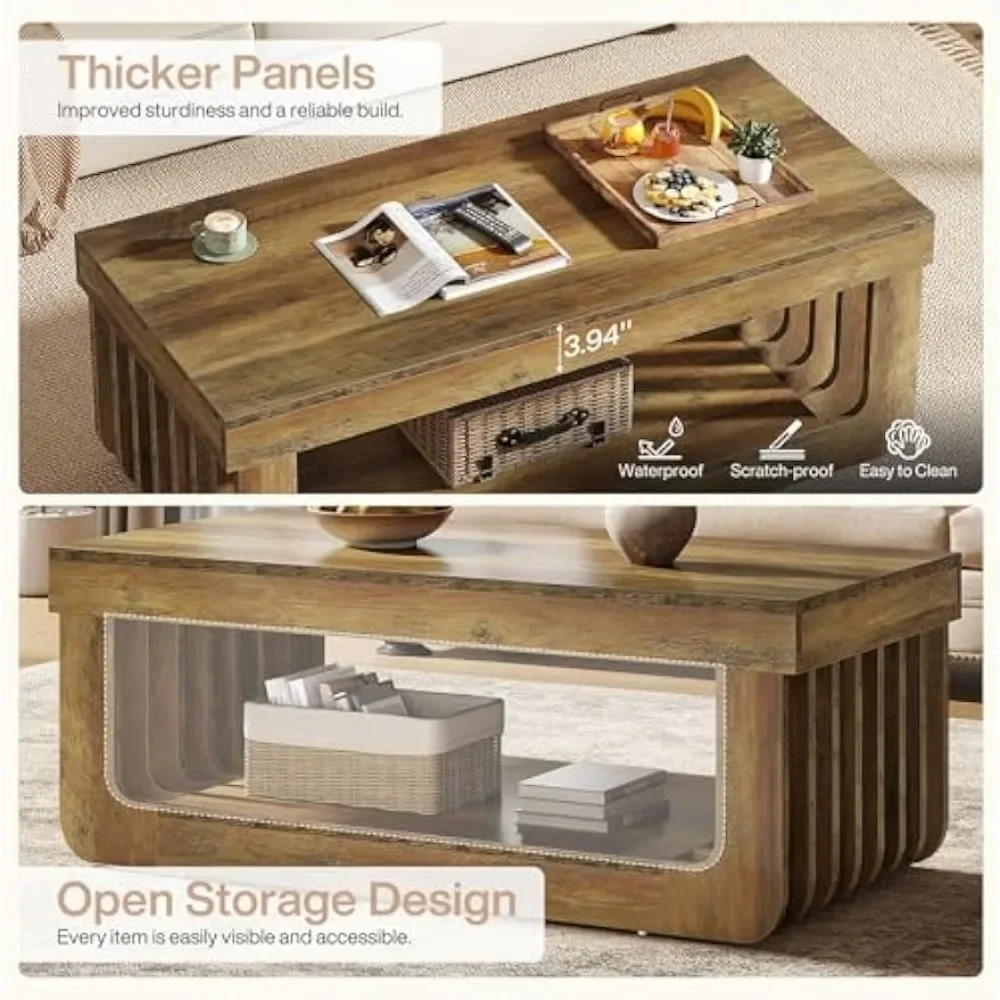 Farmhouse Coffee Table with Storage, 47-Inch Rectangle Living Room Tables, 2-Tier Cocktail Tea Table, Wooden Center T