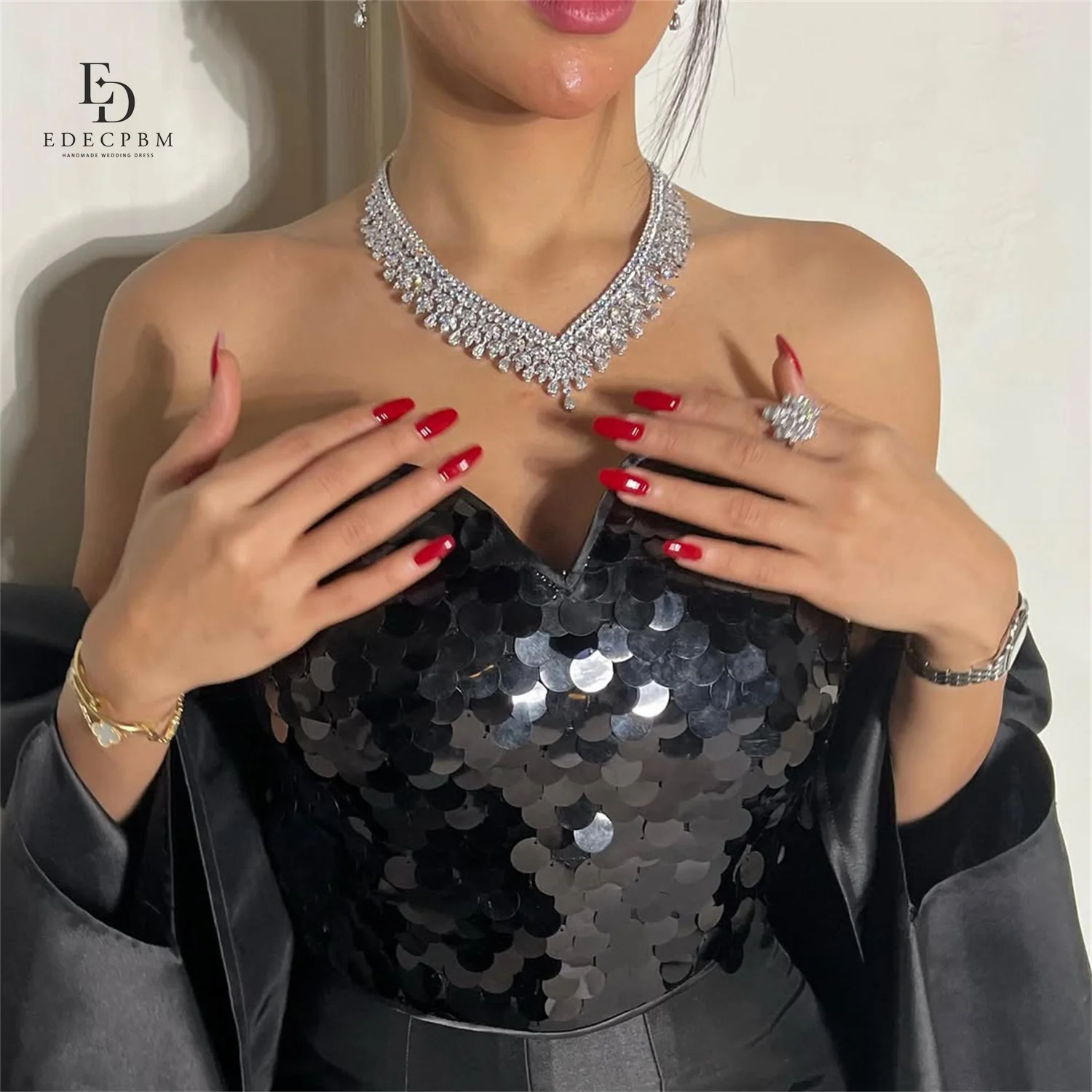 

EDECPBM Womens Dresses for Special Occasions Mermaid Women's Evening Dress Black Sequins Robes of Soirée Satin فساتين سهرات Prom