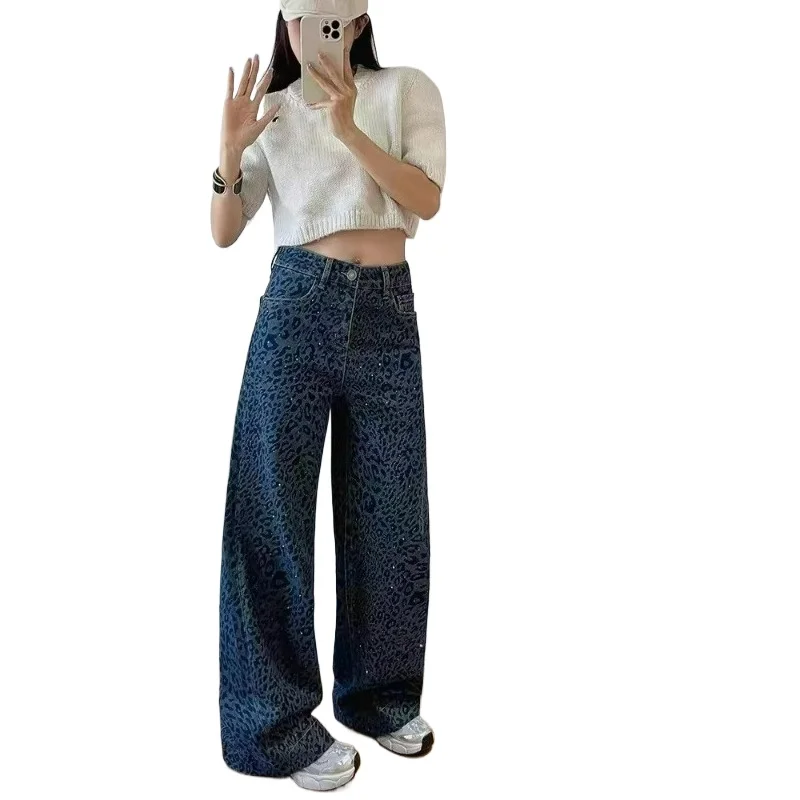 

Новые модные широкие брюки с леопардовым принтом и тиснением в виде ромбов, уличный стиль, повседневные длинные брюки для женщин, осень 2026