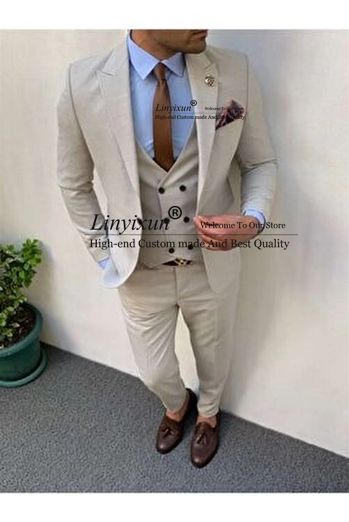 

Fromal Begie Suit For Men Slim Fit Groom Wedding Tuxedos 3 Pieces Set Business Male Prom Blazers Vest Pants Outfit Costume Homme