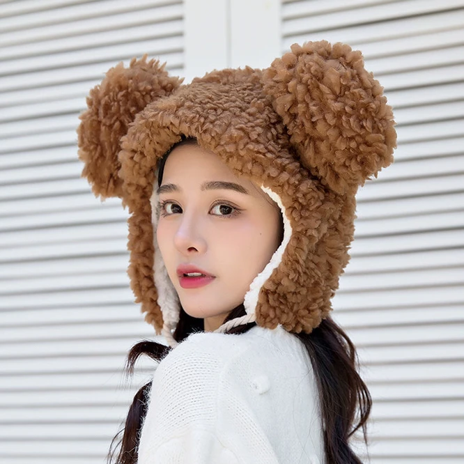 Winter Women Warm  Plush Thickened Cute Bear Hat Imitation Cashmere Girl Outdoor Cartoon Hat Interesting And Novel Black