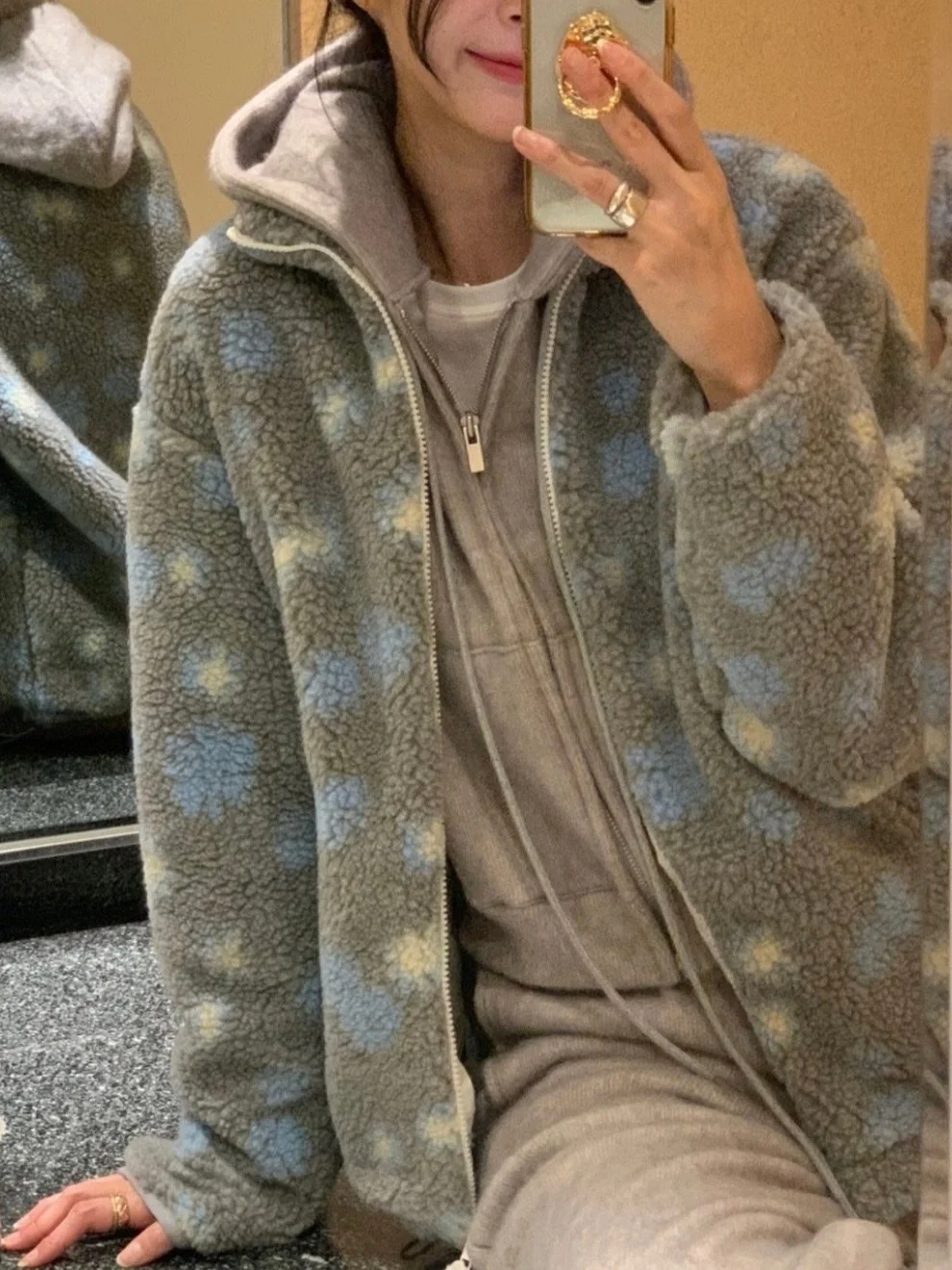 Korean Sle Lamb Velvet Lined Cotton Jaet Women's Winter Faionable Warm Top  Print Outerwear Loose Fit Zipper