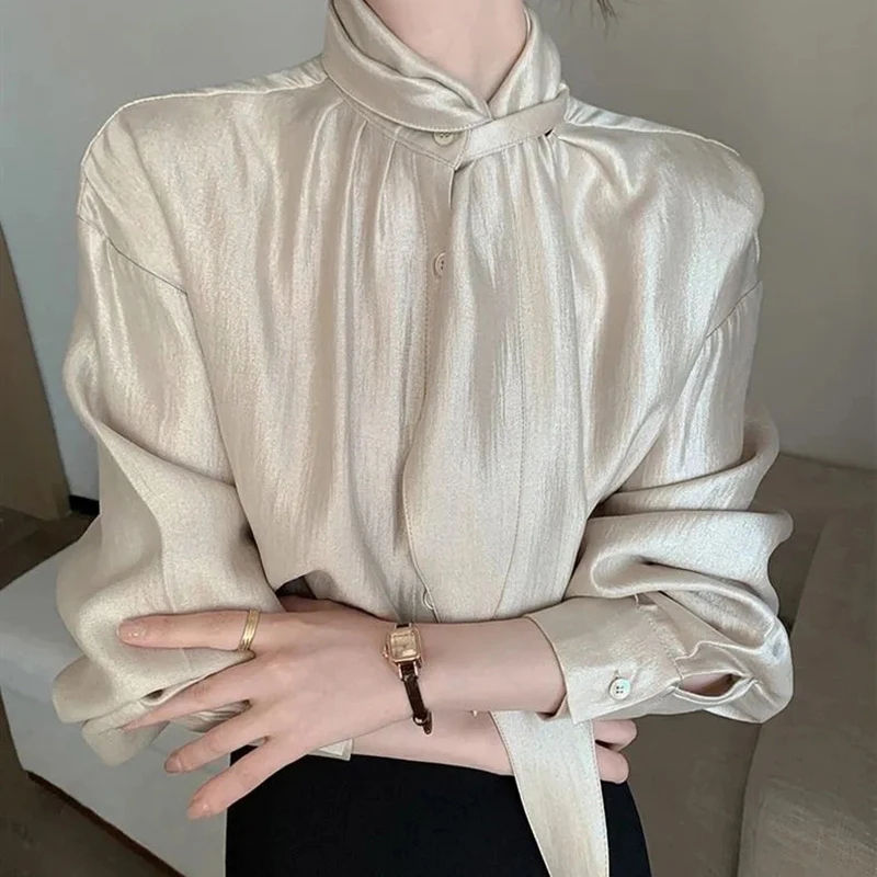 

Элегантная блузка цвета шампанского, женская модная рубашка с длинным рукавом и лентой, корейская мода, с высоким воротом, весенне-осенний офисный женский топ