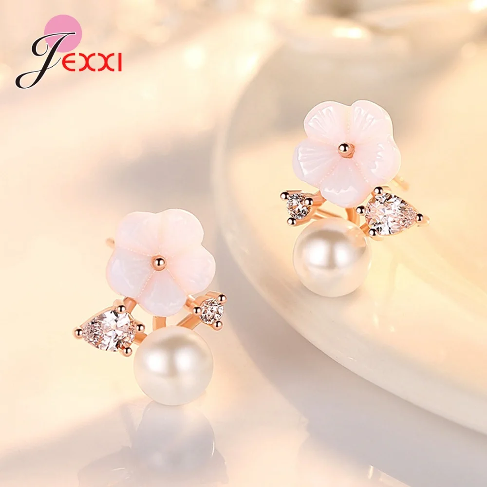 

Sweet OL Ear Decoration Earring Solid 925 Sterling Silver S925 Pendientes Jewelry Round White Pearl/Seashell Plum Blossom