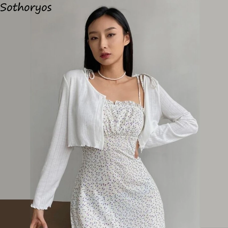 Crop Knitted Cardigans Women Summer Thin Simple All-match Tender Korean Style Female Pure Color Sun-proof Long Sleeve Clothing