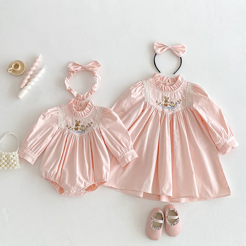 Little Sister Big Sister Pink Outfit Baby Girl and Sister Matching Clothes Newborn Toddler Bodysuit Children Long Sleeve Dresses