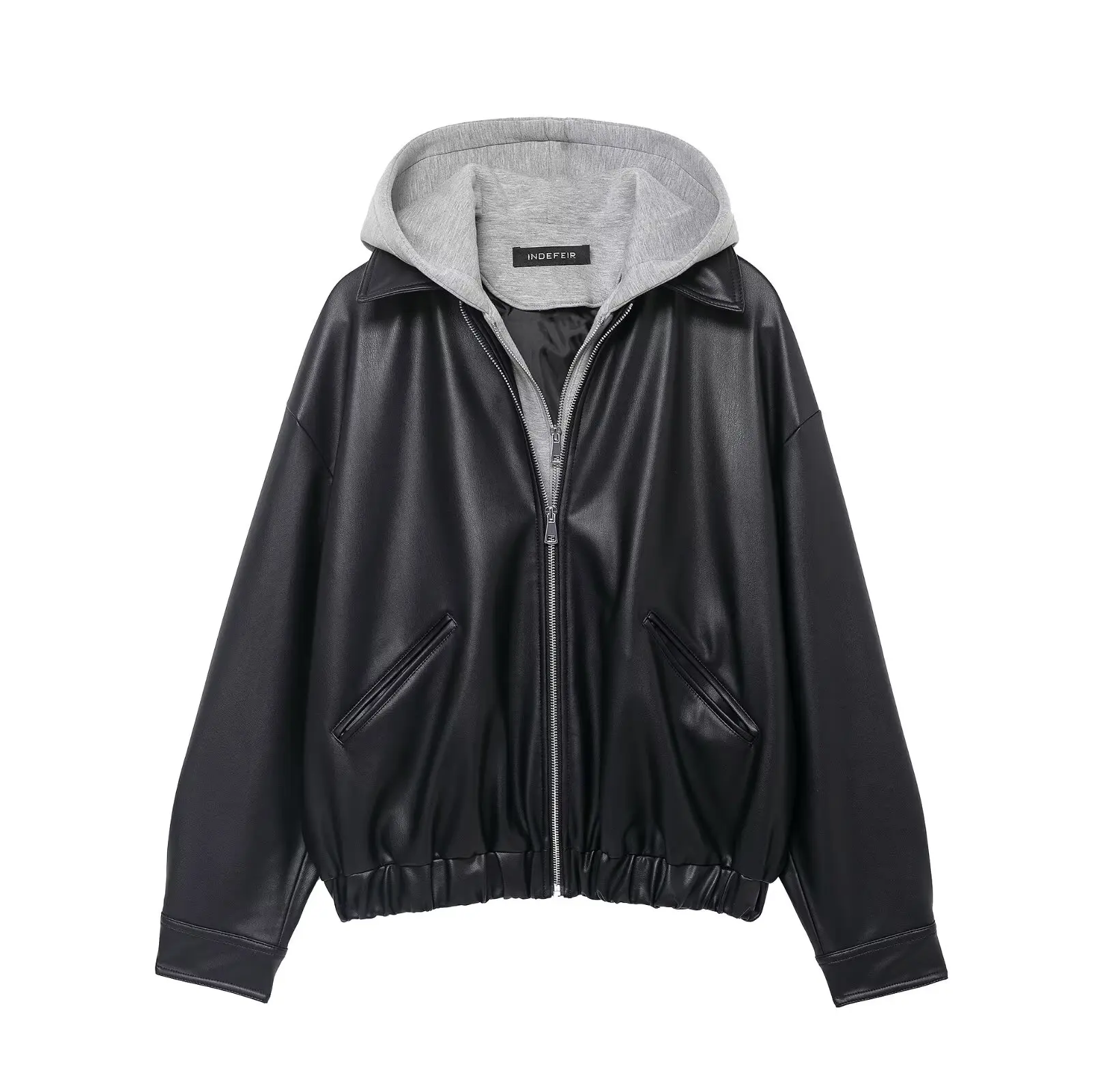 New autumn and winter patchwork leather effect jacket popular European street style women's solid color zipper long sleeved jack