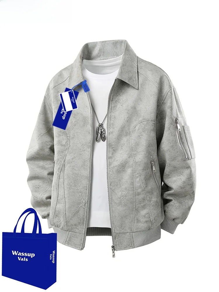 

Wassup Vals Men's Casual Loose Fit Leather Jaet Autumn Faionable Large Size Zipper Closure Windproof Polyester Fabric