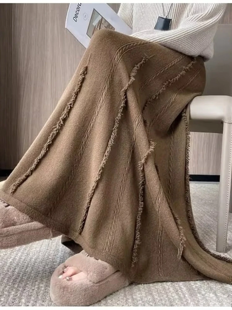 Autumn Winter Soft Waxy Fried Dough Twists Thick Stretch Knit Skirt Women's High Waist A-line Fringe Big Swing Skirt for Women