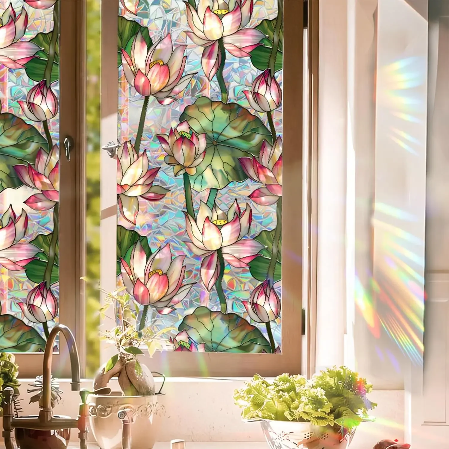Lotus Flowers Stained Glass Window Film, Rainbow Window Film Glass Decals Static Cling Stickers, Windows Tint for Home Bathroom