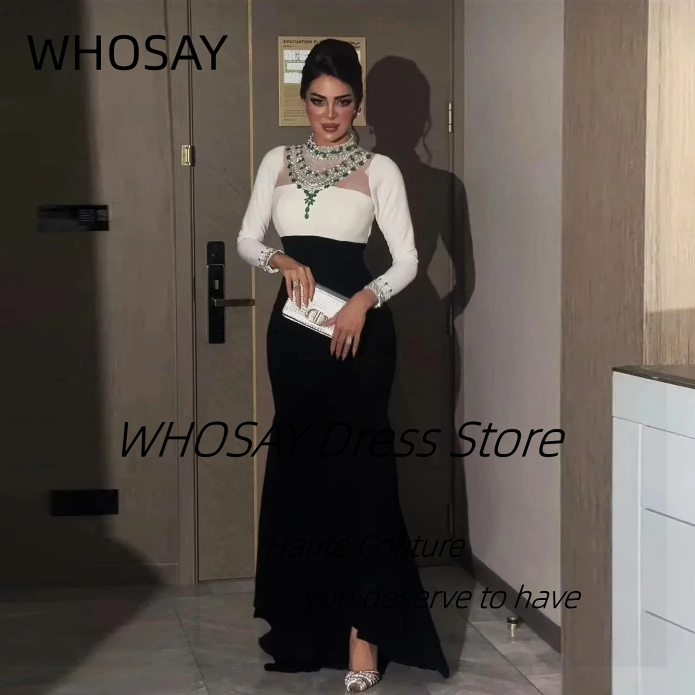 

WHOSAY Customized Prom Party Dresses High Collar Crystals Long Sleeves Evening Gowns Zipper Back فساتين سهرات