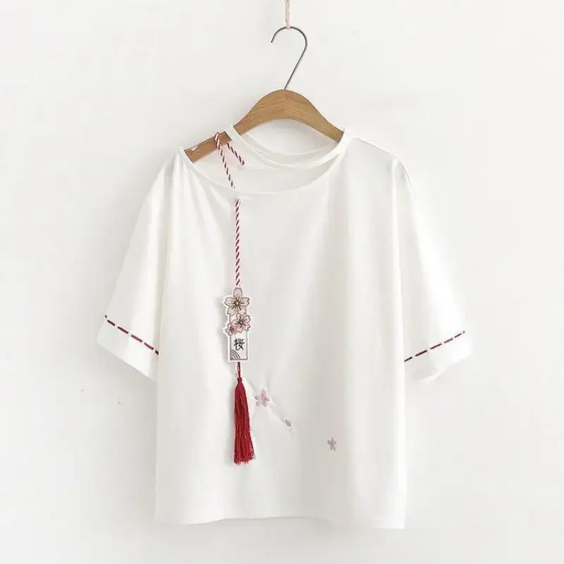 

Japanese Summer New Short Sleeved Latin Tops Women's Loose Flare Sleeve Embroidered Off The Shoulder Student Ancient Style Tops