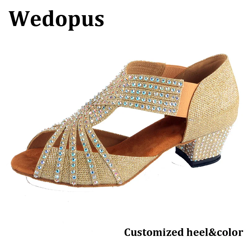 

Модные золотистые туфли для латиноамериканских танцев с блестками и стразами, на квадратном каблуке, удобные, из замши с эффектом брашинга, для танцев ча-ча-ча