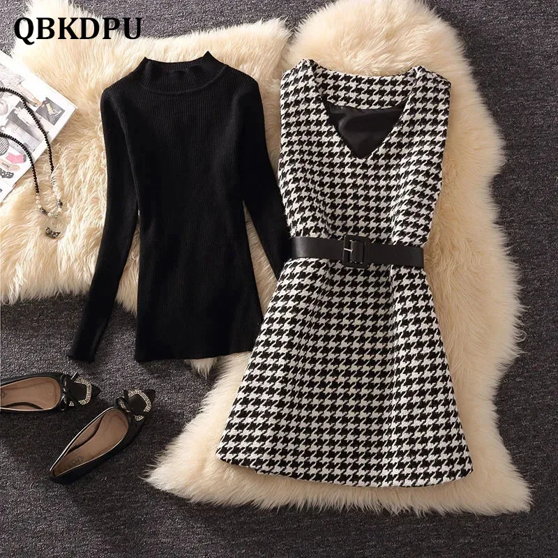 

Vintage Houndstooth Tweed Mini Sleeveless Tank Dresses With Belt And Bottoming Knitted Sweater Elegant 2 Piece Set Women Outfits