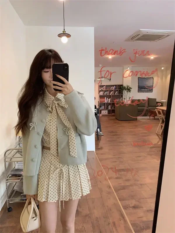

Sweet Girls 3 Piece Skirt Sets Korean Fashion O Neck Long Sleeve Short Jacket + Polka Dot Shirt Tops + A Line Mini Skirt Outfits