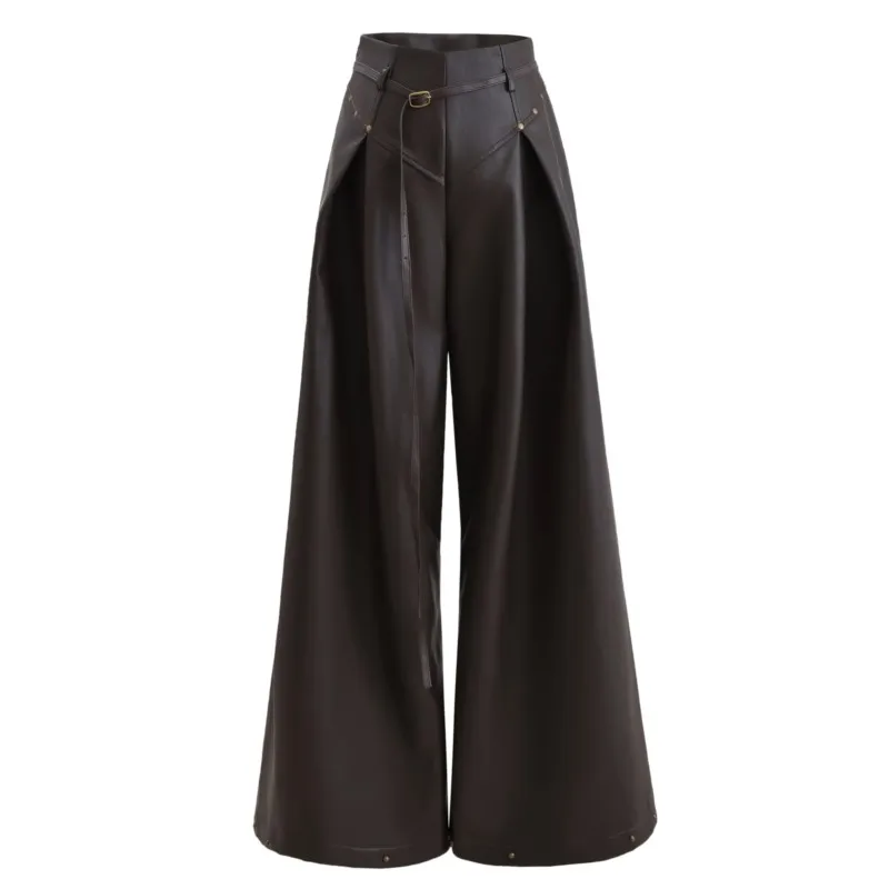 American Retro Brown Rivets Wide Leg PU Leather Pants The Spice Girls With Belt Waist Loose Long Straight Trousers Casual Bottom