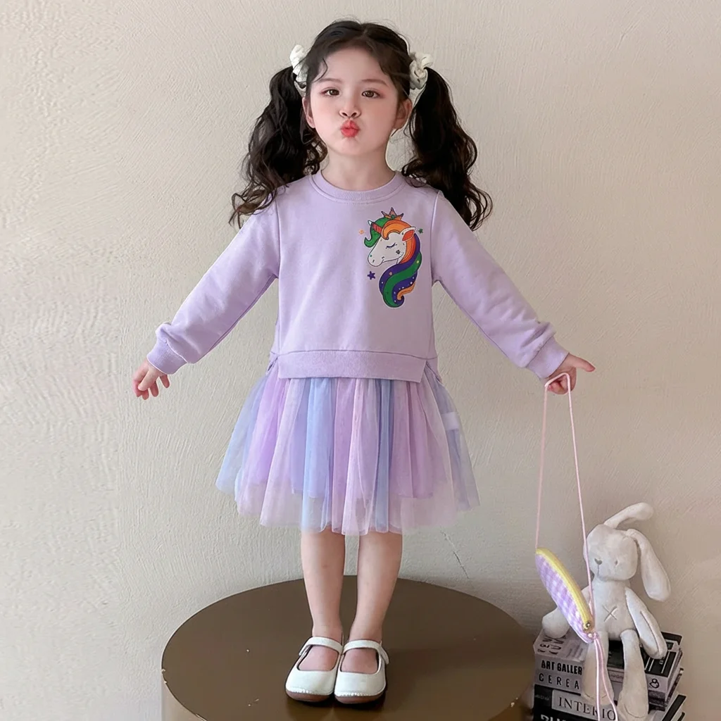 Korean Version Cartoon Unicorn Printed Long Sleeved Hoodie with Mesh Patchwork Dress Fashionable Clothes for Girls Aged 3-7
