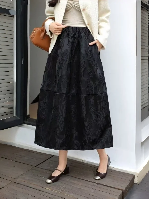 กระโปรงปักลายดอกไม้สไตล์ศิลปะ กระโปรงทรงเอไลน์เอวสูงทรงหลวม  กระโปรงยาวปานกลางแบบบอลกาวน์  แฟชั่นผู้หญิง ฤดูใบไม้ผลิ 2026