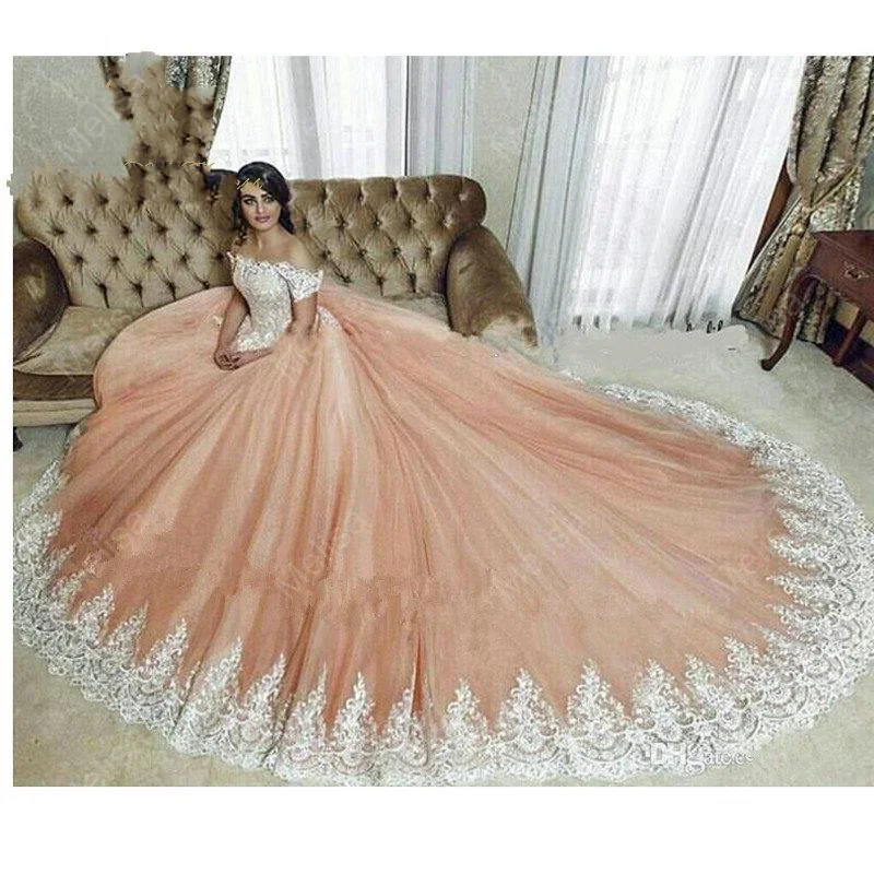 Vestidos de Novia clásicos personalizados con hombros descubiertos y Apliques de encaje blanco para mujer, tren de barrido, Vestido rosa, vestidos de Novia