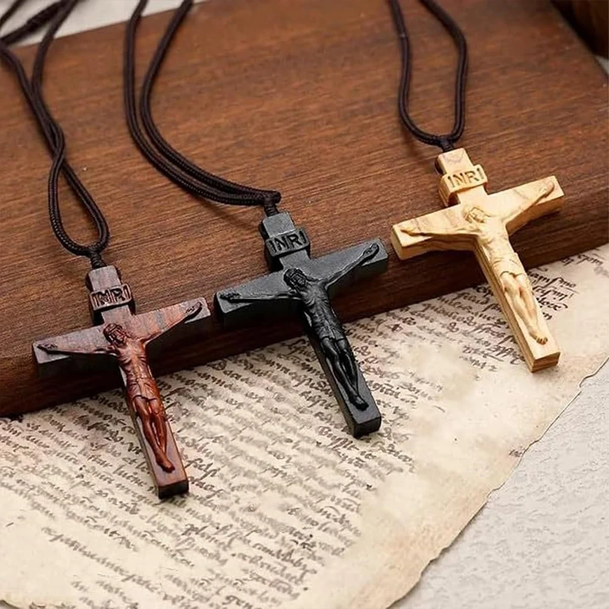 Various Styles Catholic Cross Necklace Jesus Christ Pendant Choker Retro Jewelry Style Natural Wood Necklace Wholesale Amulet