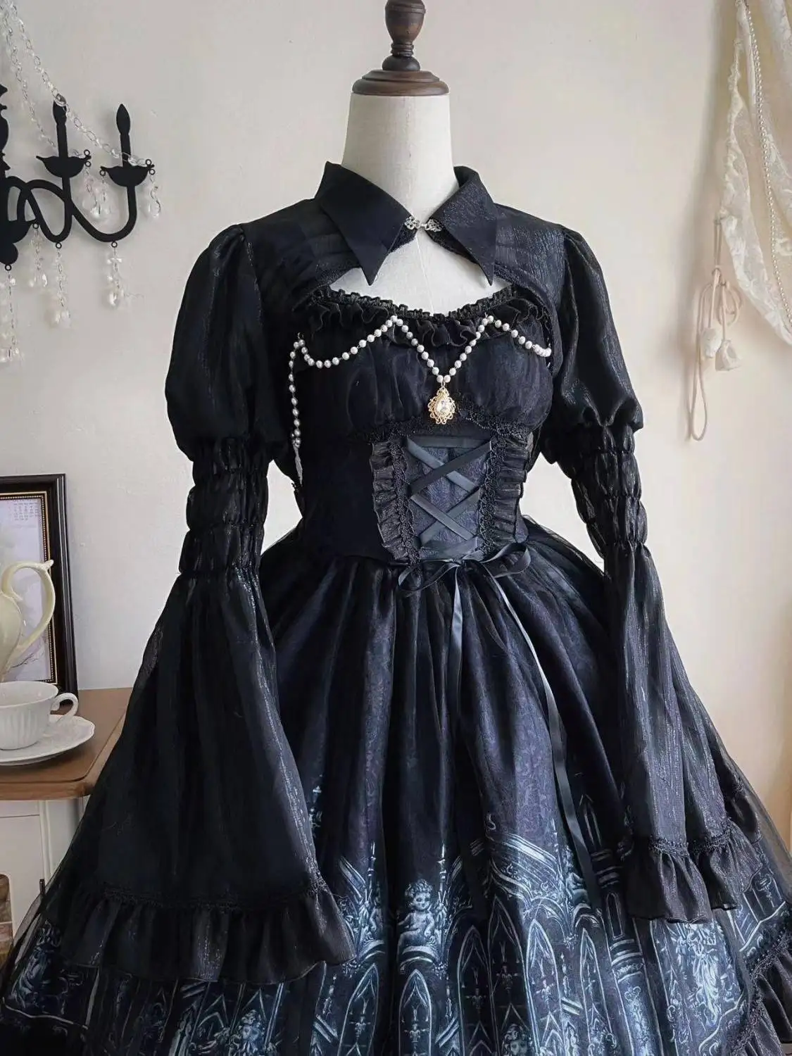 Lolita Costume Women Party Dress Pattern Skirt Court Style Female Black Long-Sleeved Exquisite Daily Elegant Dress