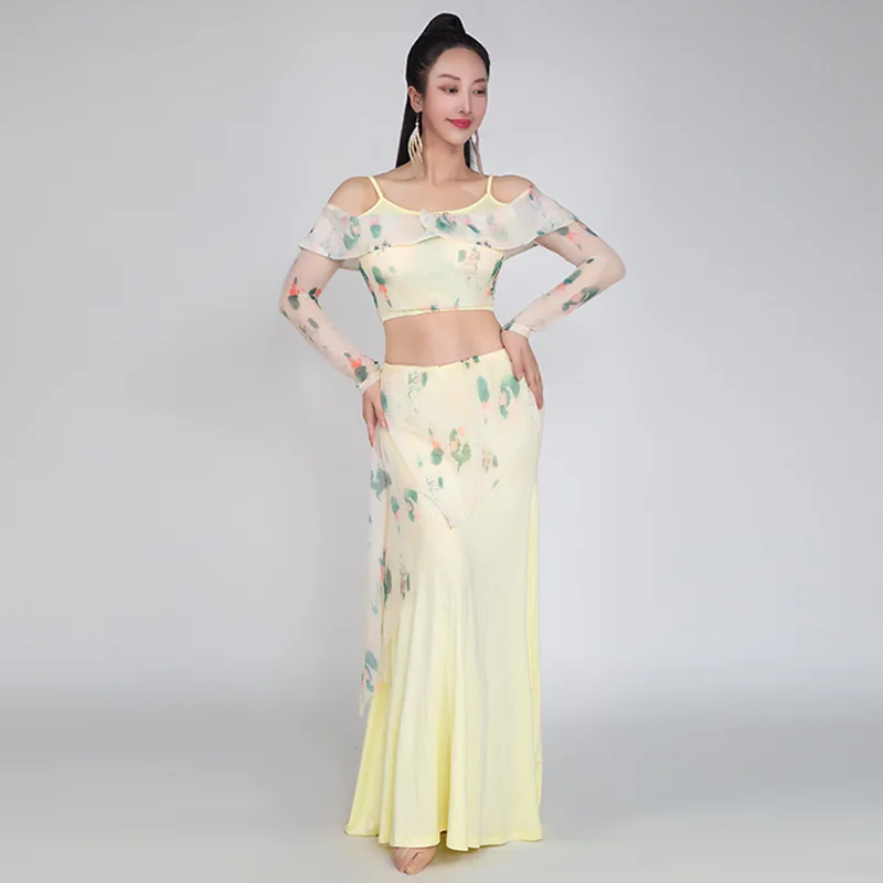 Traje de práctica de danza del vientre para mujer, ropa de actuación, Top + falda con estampado avanzado, conjunto de trajes de danza Oriental para adultos, 2025