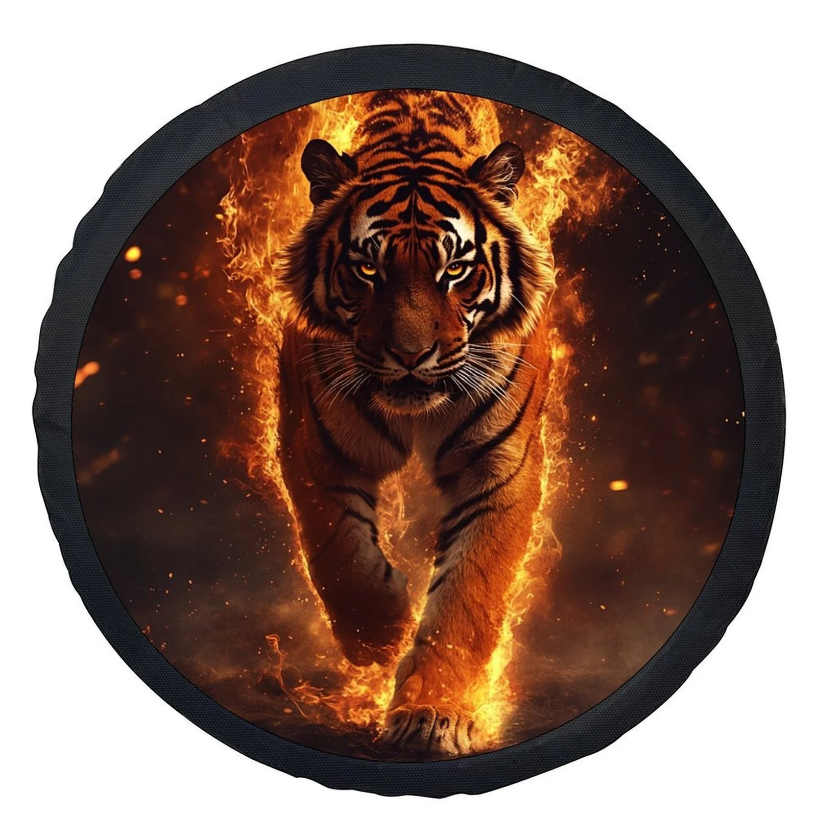 1pc Flaming Tiger Wheel Cover - Fit Car Wheel With Realistic Tiger & Paws, Glossy Black/Orange Flame Design, Fits Most Cars, SUV