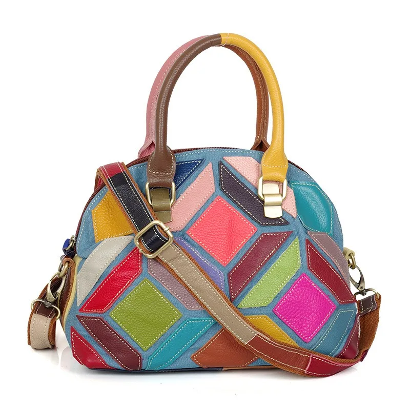 Timeless Vintage Shoulder Bag for Women Genuine Leather Full Grain Leather Everyday Top Handle Hand-Painted Colorblock Handbag