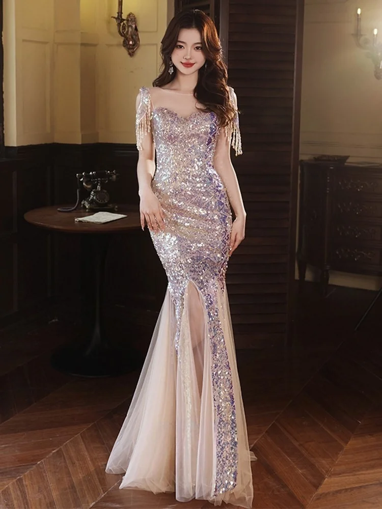 

Новое элегантное и роскошное платье-русалка с пайетками для банкетов.