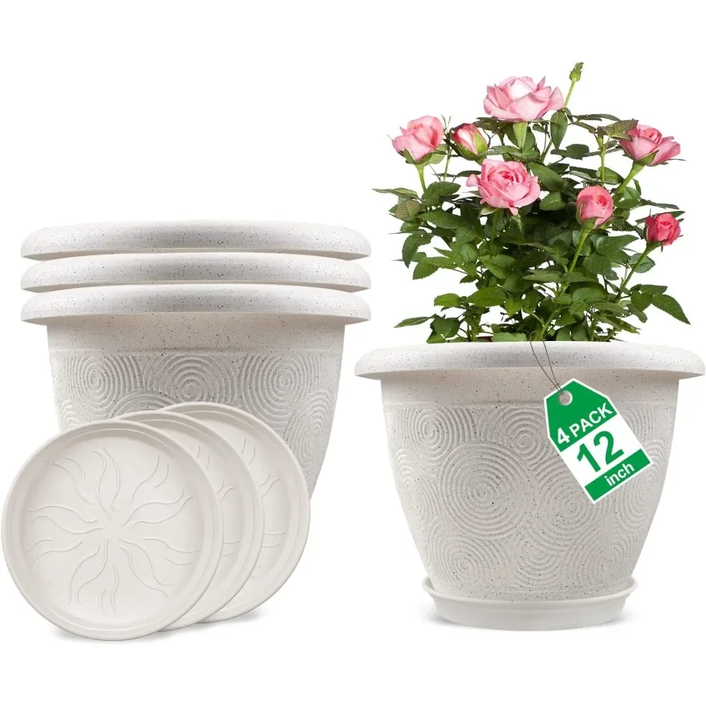 

Plastic Flower Pots Planters for Indoor Plants, 4 Pack 12 Inch White Plant Pots with Drainage Hole & Tray