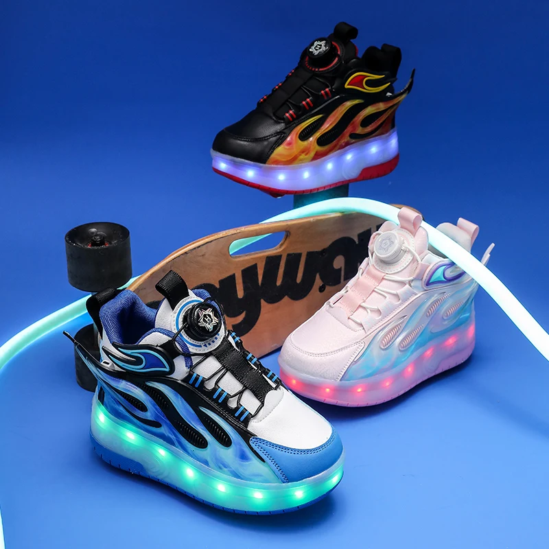 

New 2025 Spring & Autumn Wheel Shoes (Girls): Rotating Buckle Light-Up Sneakers, Older Kids' Roller Skates