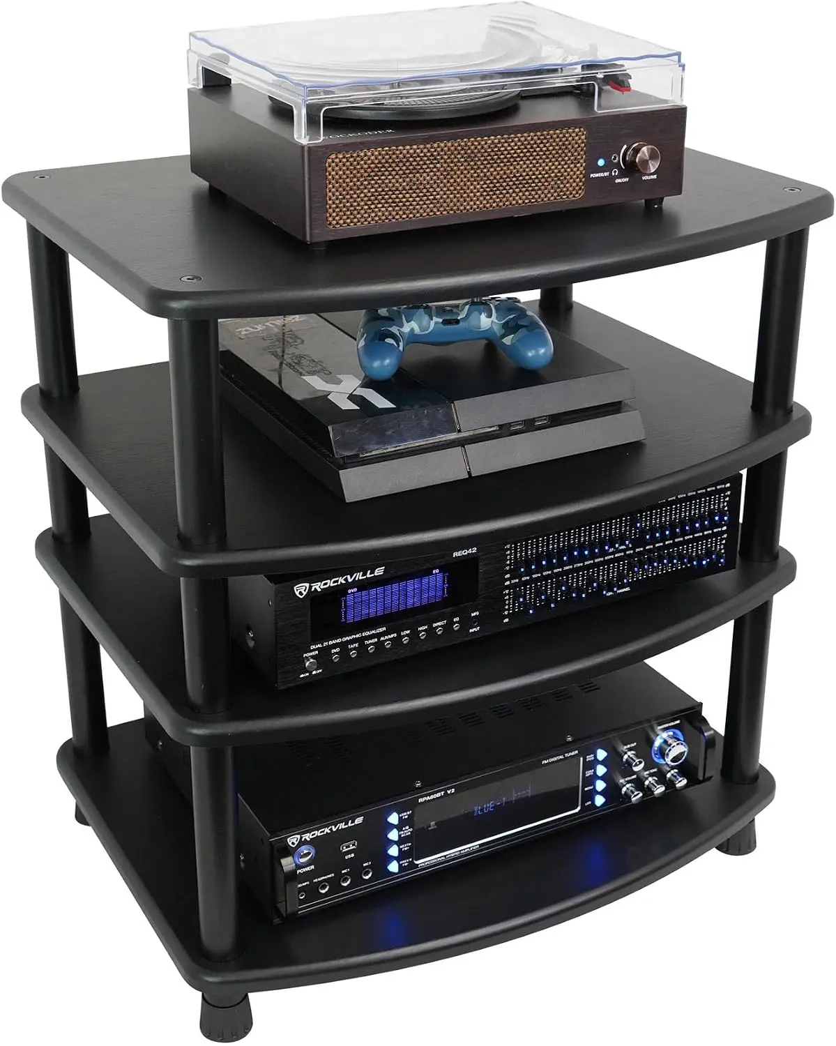FLX Black Adjustable Height 4 Shelf Home Theater Audio Rack Stand, 24