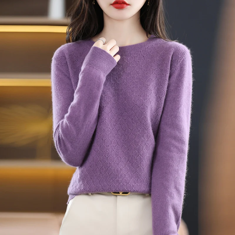 100% Wool Sweater Women Hollow Out Tops Autumn Winter O-neck Long Sleeve Knitted Fashion Female Pullover Casual Clothing Jumper