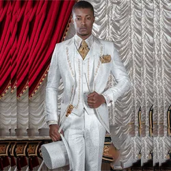 Elegant White Jacquard Men's 3 Piece Suits Formal Wedding Embroidery Blazer Single Breasted Peak Lapel Slim Jacket Pants Vest