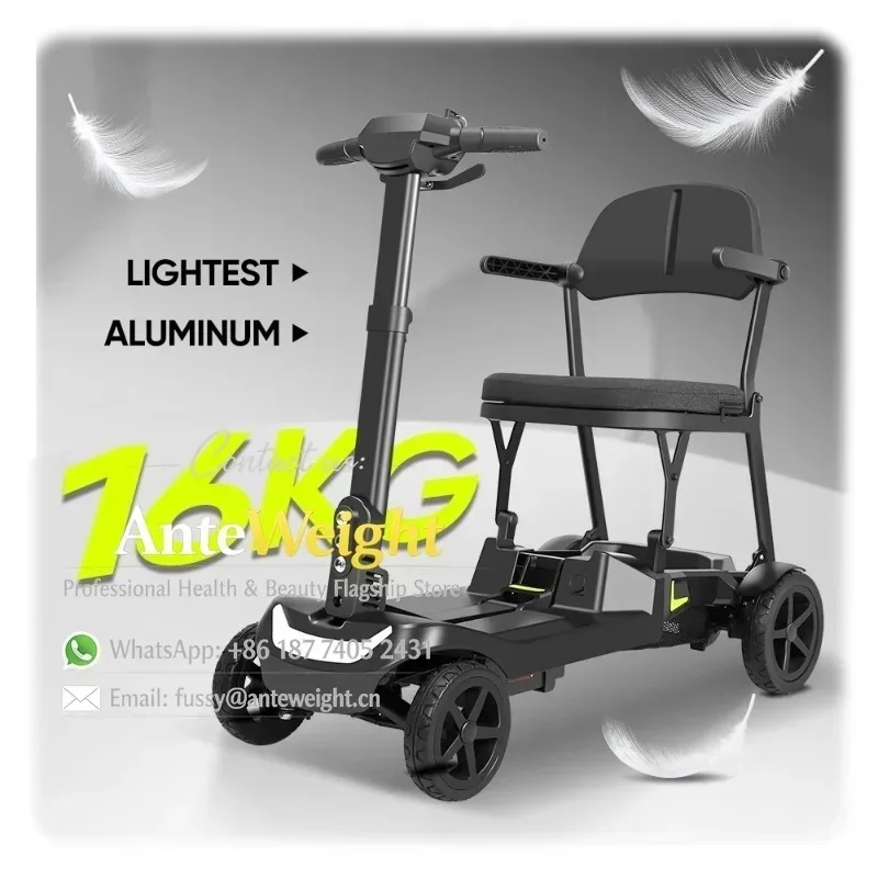 16KG Super Light Aluminum Foldable 4-Wheel Mobility Scooter, Portable Travel Electric Scooter for Seniors & Disabled Adults