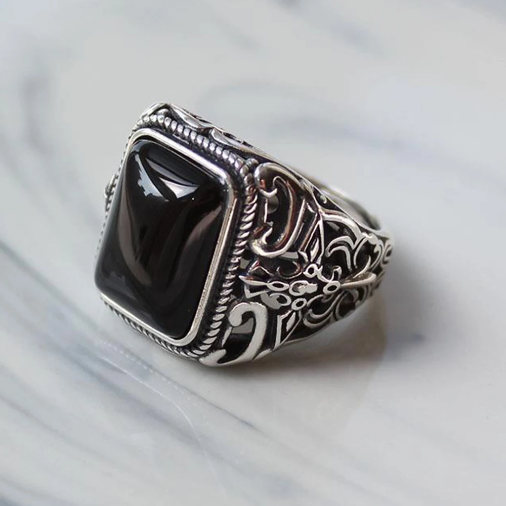 2025 New Black Agate Creative Design Size Adjustable Ring Retro Marcasite Color Men