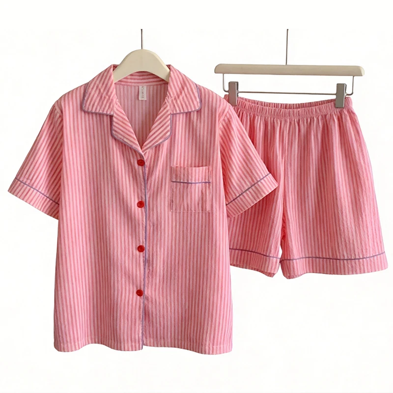 

Women's Sleepwear Summer 2026 New Short Sleeved Can Be Worn Outside Home Suit Set College Student's Striped Pajamas Pink and Red