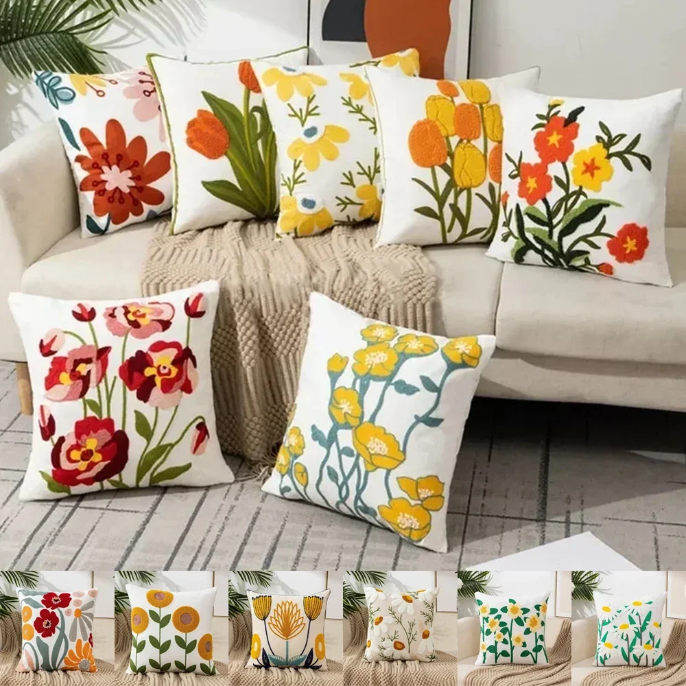 Canva Floral Embroidered Cushion Cover Cotton 45x45cm Countryside Stely Ornamental Pillow Case for Living Room Luxury Home Decor