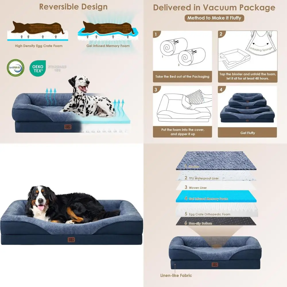 

Orthopedic XL Dog Bed with Removable Cover, Waterproof Liner, and Bolster, 42x30x7.5 Navy