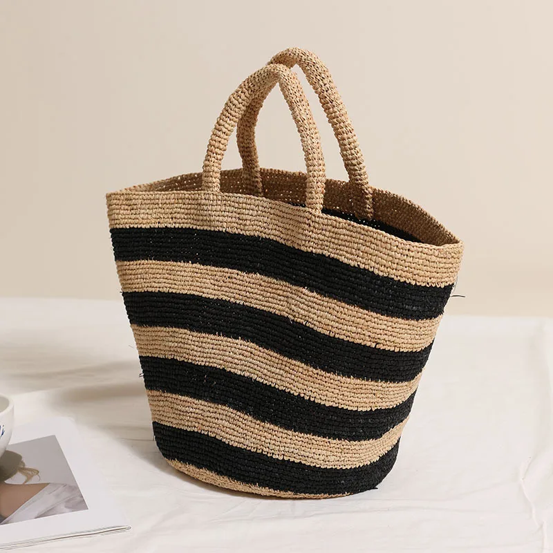 Fashion Raffia Woven Striped Straw Bag Large Capacity Bohemian Knitting Tote Bag Summer Female Vacation Travel Beach Bag 2024