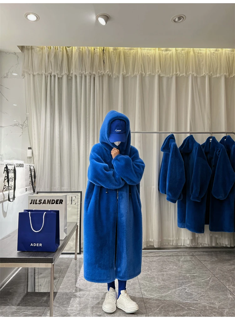Lautaro Winter Long Oversized Warm Thick Blue White Fluffy Faux Fur Coat Women with Hood 2022 Loose Casual Korean Style Fashion