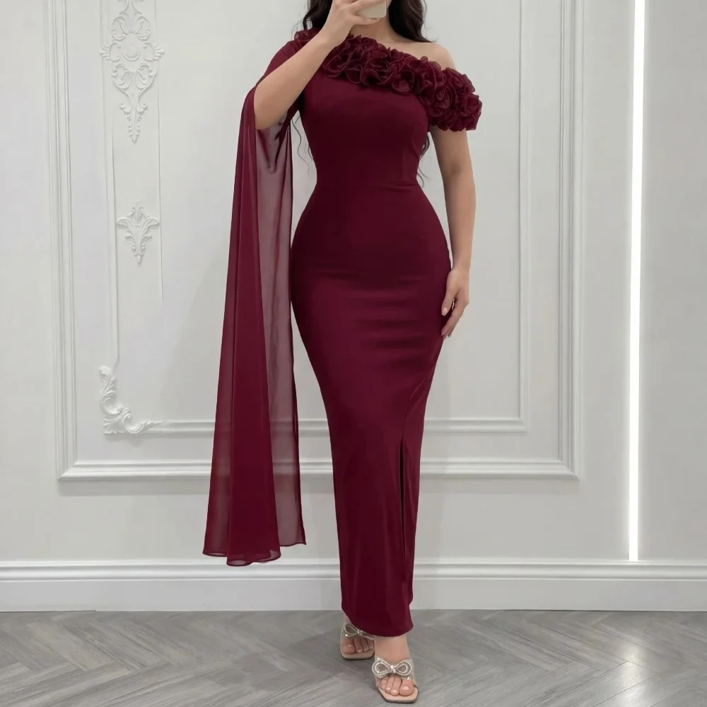Customized Burgundy Chiffon Casual Simple Handmade Flower Pleat Sheath Off-the-shoulder Ankle Length Evening Dresses for Woman