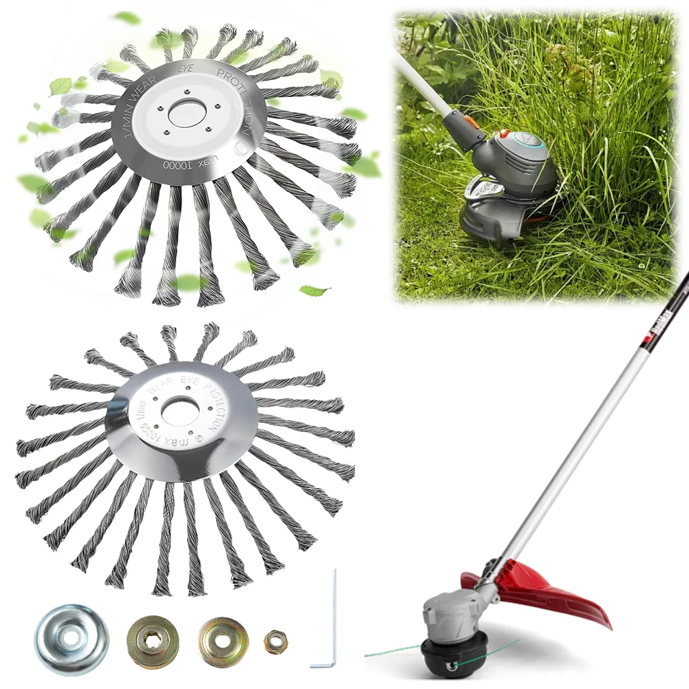 

10inch Wire Brush Trimmer Head with Adapter Kits Knot Steel Wire Grass Trimmer Head Garden Weeding Brush Garden Tool Accessories